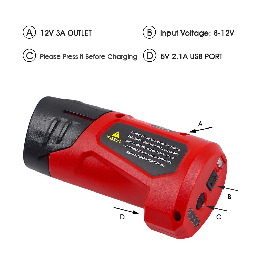 WINUNIK USB Power Source for Milwaukee M12 48-59-1201 49-24-2310 USB Charging Adapter 10.8V/12V Heated Jacket Power Source Li-ion Battery Power Source