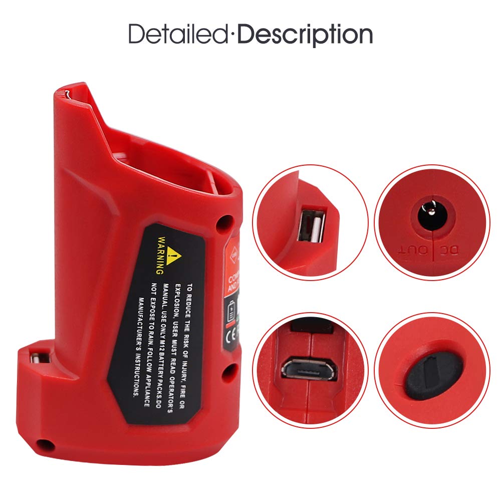 WINUNIK USB Power Source for Milwaukee M12 48-59-1201 49-24-2310 USB Charging Adapter 10.8V/12V Heated Jacket Power Source Li-ion Battery Power Source