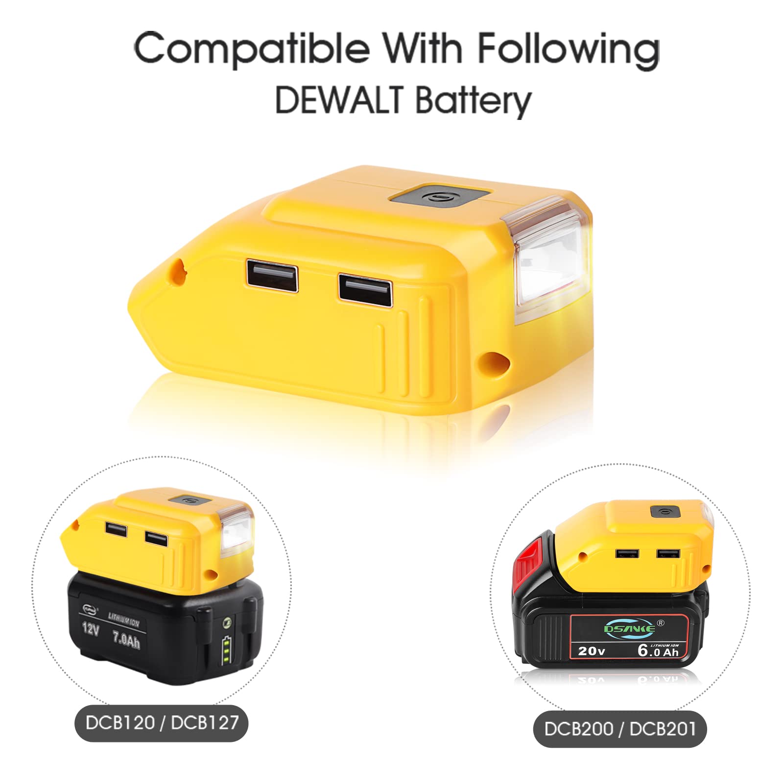 WINUNIK USB Adapter Charger for Dewalt 20V Battery, Dual USB Charger & 12V DC Port & LED Work Light - Compatible with Dewalt 20V Batteries