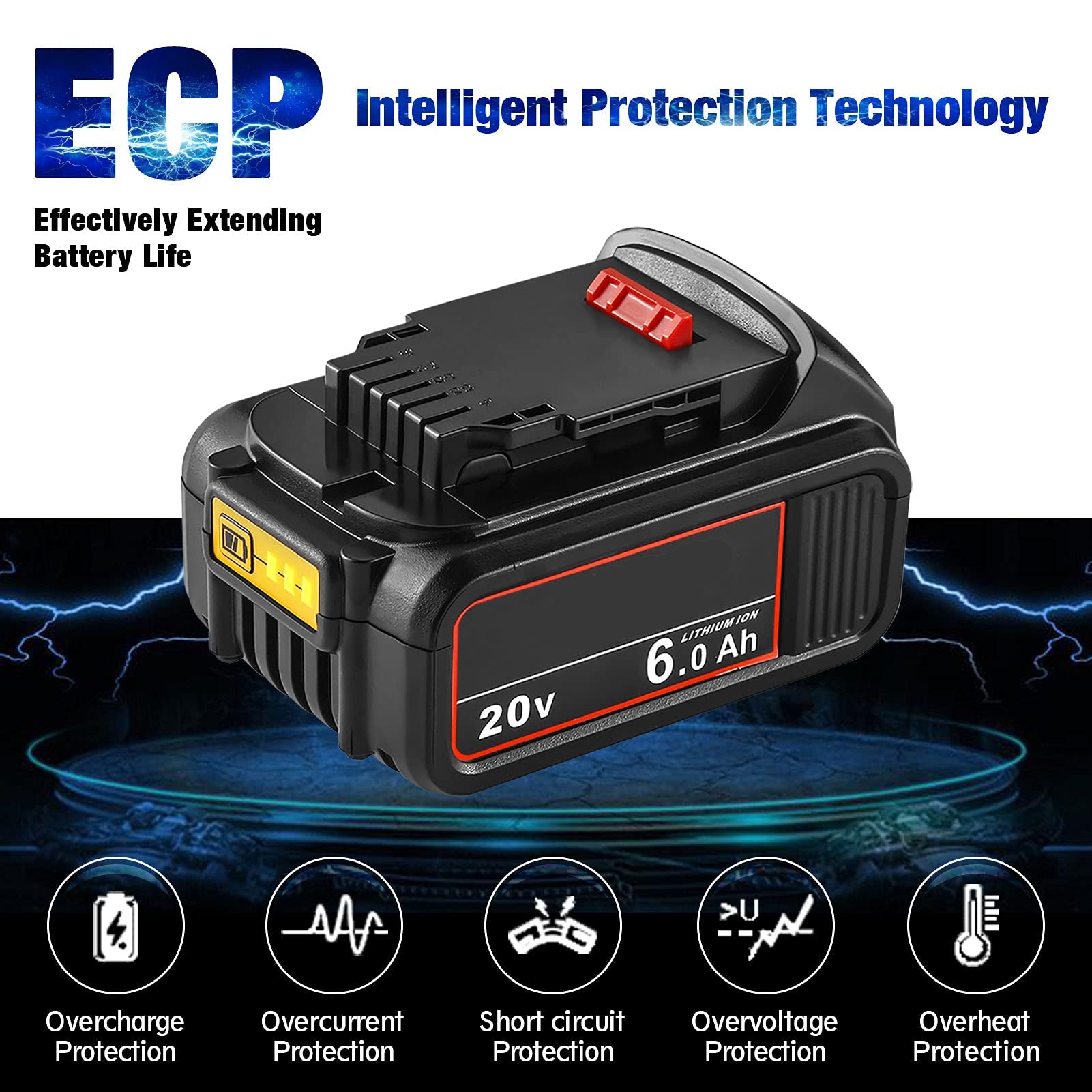 WINUNIK 20V 6000mAh Lithium Ion Battery Replacement for Dewalt 20V Battery DCB200 DCB206 DCB207 DCB204 DCB203 DCB201 DCB200 DCB180 DCD/DCF/DCG/DCS Series