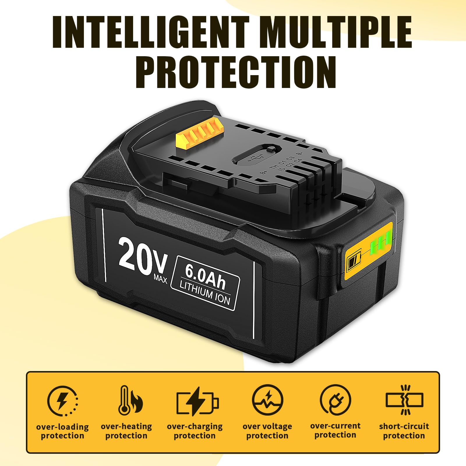 2 Pack WINUNIK 20V 6.0Ah Batteries Replacement for Dewalt 20V Battery DCB200 DCB206 DCB207 DCB204 DCB203 DCB201 DCB200 DCB180 DCD/DCF/DCG/DCS Series 20V Battery with Type-C USB Port