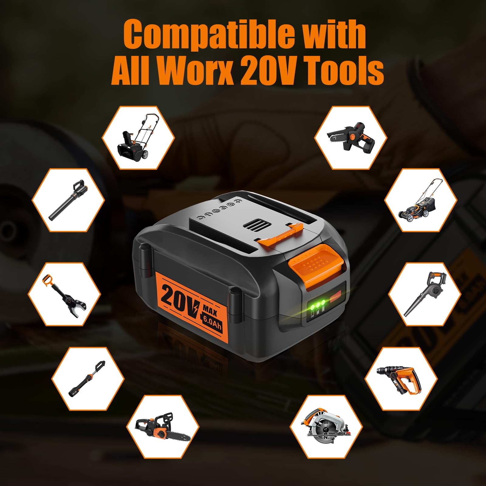 2Pack WINUNIK WA3520 20V 6.0Ah Replacement for Worx 20V Battery WA3520 WA3525 WG151s WG155s WG251s WG255s, WG540s, WG545s, WG890, WG891 Worx 20Volt Lithium ion Cordless Power Tools