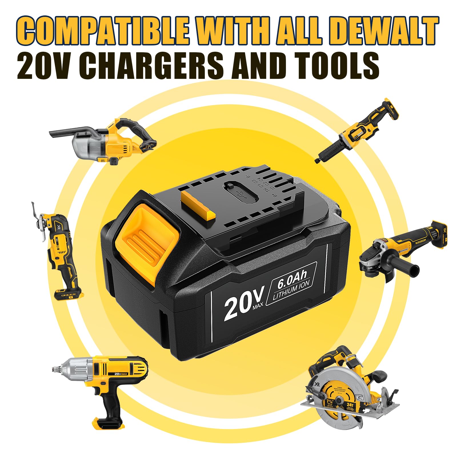 2 Pack WINUNIK 20V 6.0Ah Batteries Replacement for Dewalt 20V Battery DCB200 DCB206 DCB207 DCB204 DCB203 DCB201 DCB200 DCB180 DCD/DCF/DCG/DCS Series 20V Battery with Type-C USB Port