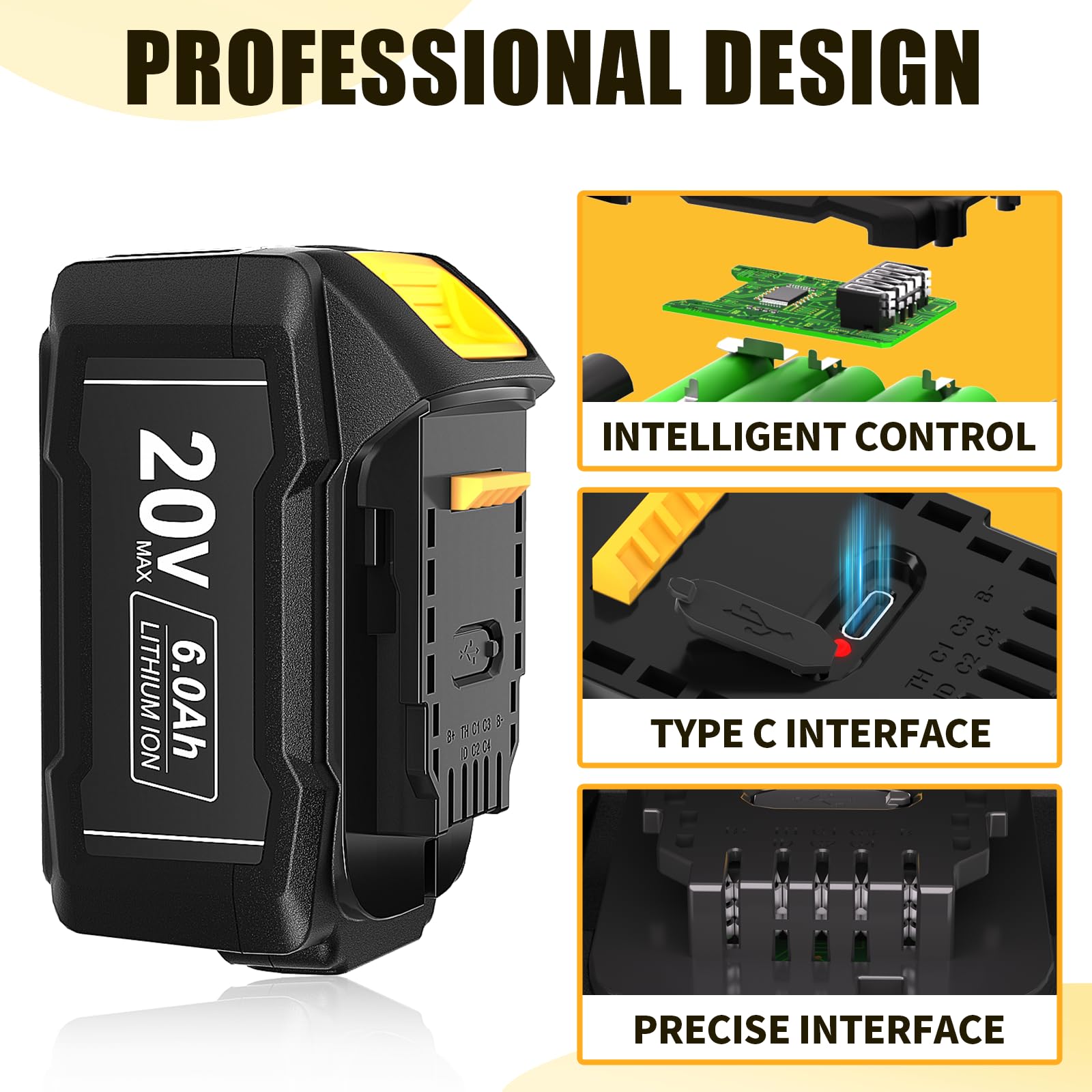 2 Pack WINUNIK 20V 6.0Ah Batteries Replacement for Dewalt 20V Battery DCB200 DCB206 DCB207 DCB204 DCB203 DCB201 DCB200 DCB180 DCD/DCF/DCG/DCS Series 20V Battery with Type-C USB Port