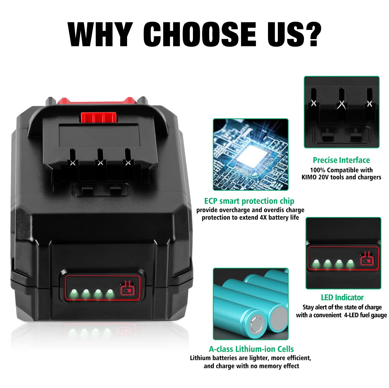 WINUNIK 20V 6.0Ah Lithium-Ion Battery Replace for KIMO 20V Battery, Compatible with KIMO 20V Drill Driver, Leaf Blower, Angle Grinder, Reciprocating Saw, Oscillating Tool, Brad Nailer,Fast Charge