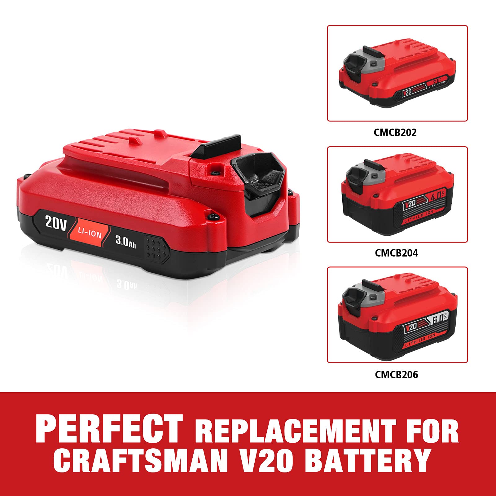 2Pack WINUNIK CMCB204 3.0Ah 20V Lithium-ion Battery Replacement for Craftsman V20 Batteries CMCB204 CMCB204-2 CMCB202 CMCB202-2 CMCB201 Craftsman V20 Battery(ONLY BE Used in Tools UP to 400W)