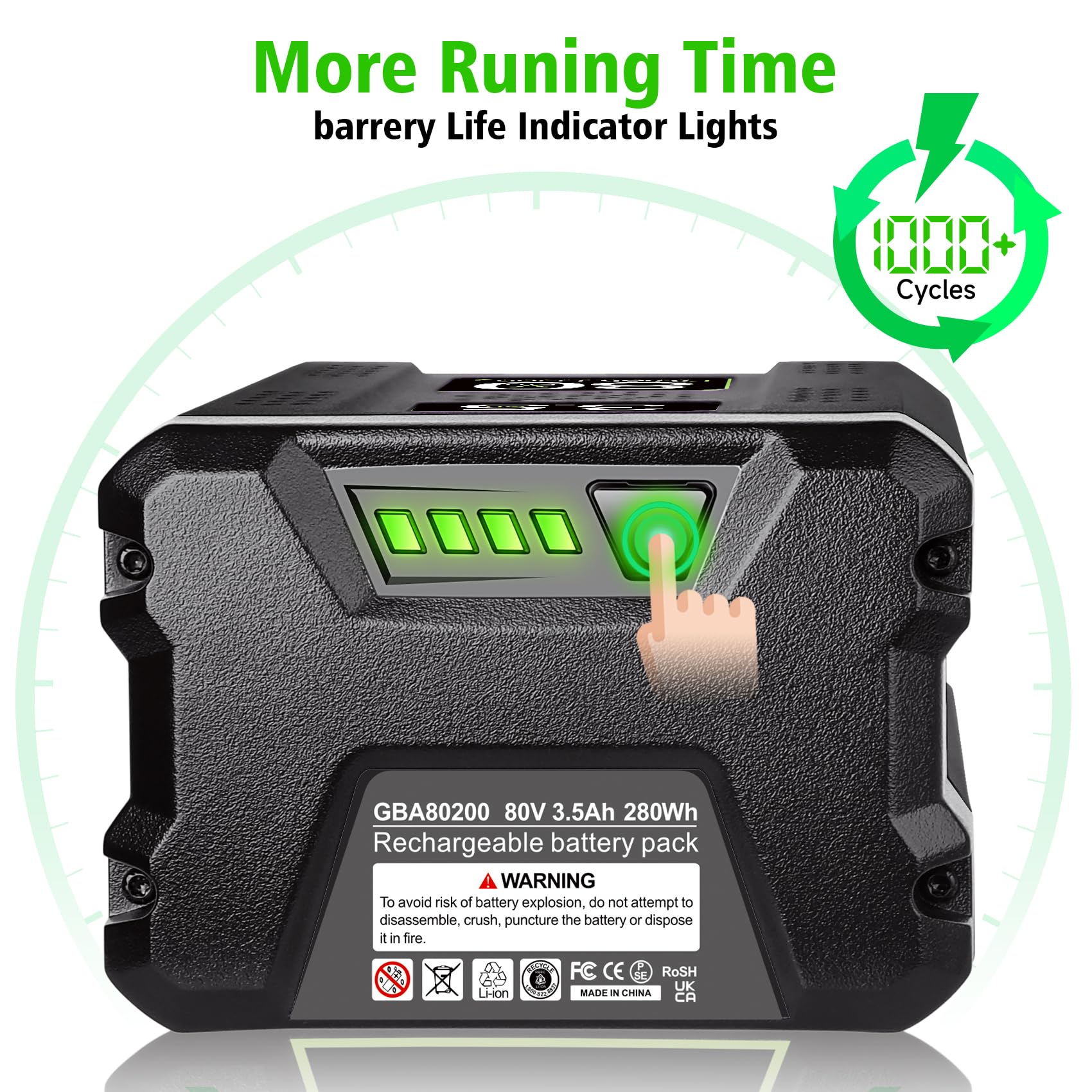 WINUNIK GBA80200 80V 3.5Ah for Greenworks 80V Battery Compatible with Greenworks PRO 80V Lithium Ion Battery GBA80200 GBA80250 GBA80400 GBA80500 High Capacity Rechargeable Lithium Ion Battery