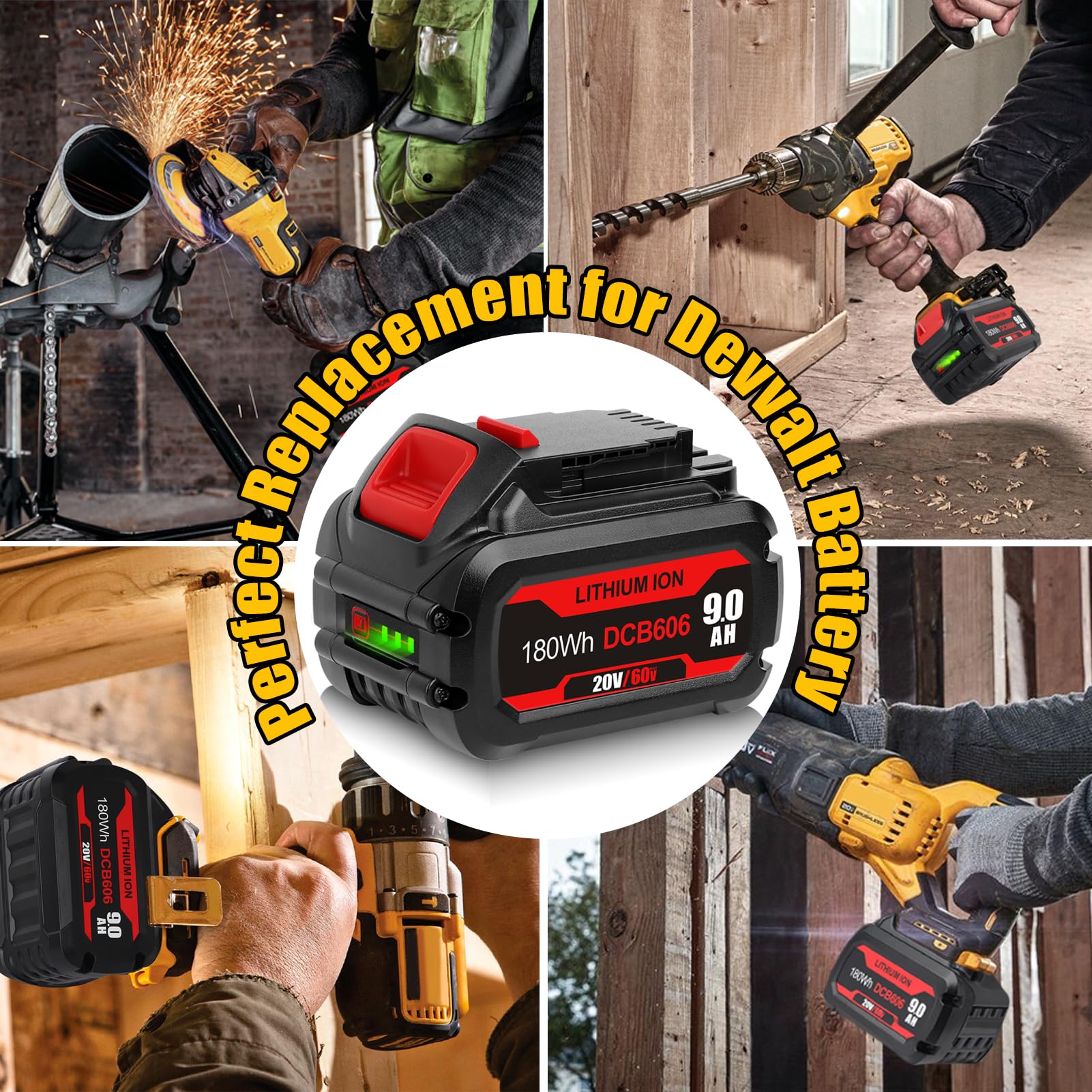 【Enhanced】WINUNIK 9.0Ah 20V/60V MAX Lithium Battery for DeWalt 60V Battery Cordless Tools – High-Capacity Replacement for DCB606, DCB612, DCB204, DCB206, Flexvolt Power System