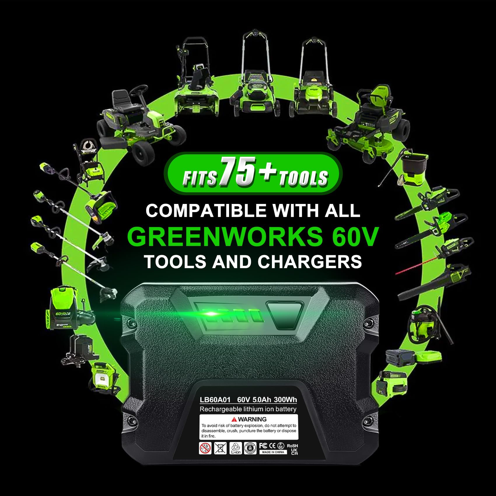 【Upgrade】 WINUNIK 60V 5.0Ah Replacement for Greenworks 60V Battery LB60A03 LB60A02 LB60A00 Cordless Power Tool Lithium Ion Battery