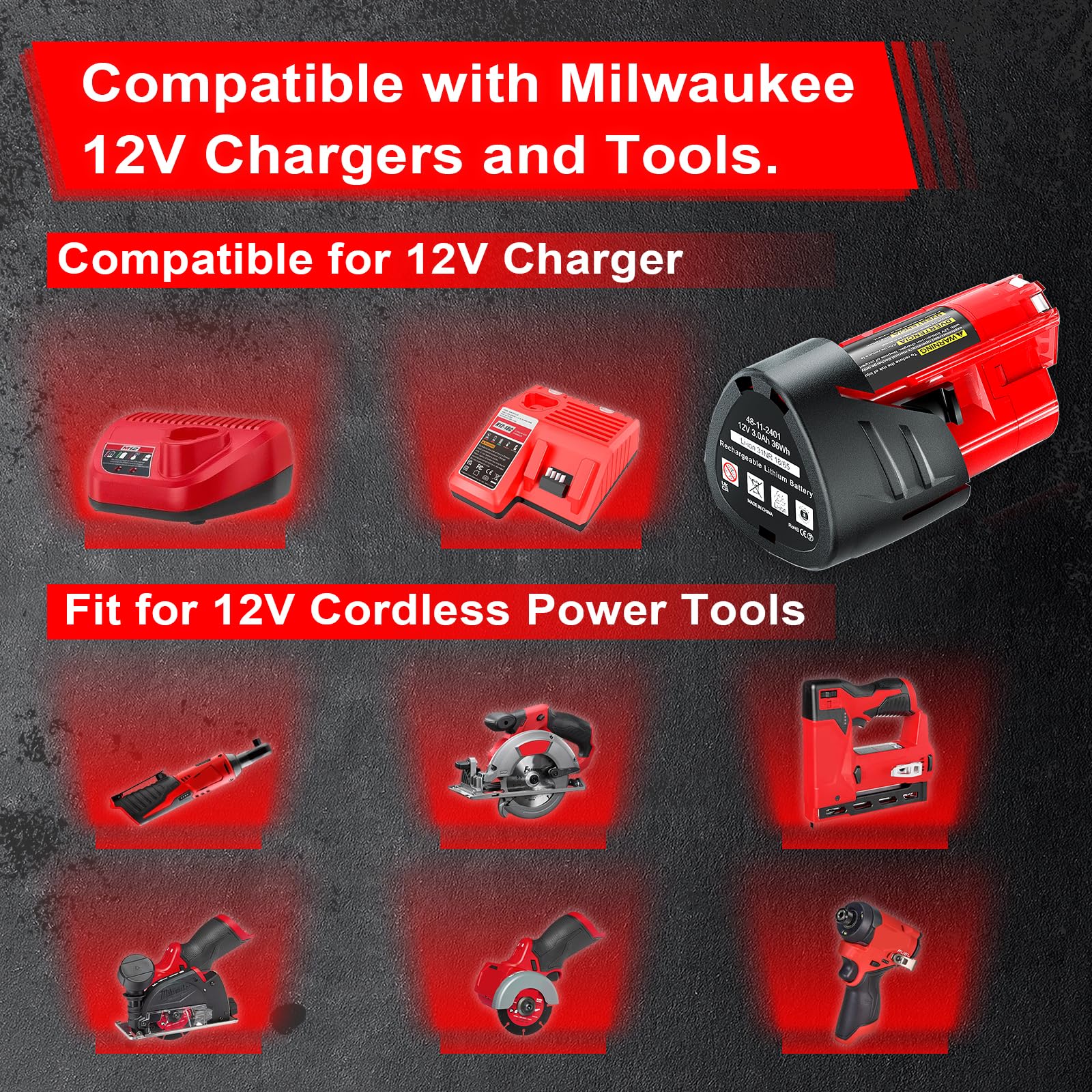 WINUNIK 2-Pack 12V 3.0Ah Replacement Batteries for Milwaukee M12, Compatible with Milwaukee 12V Battery 48-11-2430, 48-11-2420, 48-11-2440, 48-11-2402, 48-11-2411 Lithium-Ion Tools