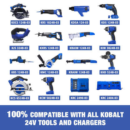 WINUNIK 24V 6.0Ah Lithium-ion Battery Replacement for Kobalt 24V Max KB624-03 KB524-03 KB424-03 KB224-03 KB124-03 0673802 1051230 Lithium Ion Cordless Tools Battery【NOT Fit Snow Joe &Sun Joe 24V Tools】