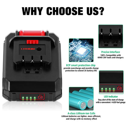 2Pack WINUNIK 20V 3.0Ah Lithium-Ion Battery Replace for KIMO 20V Battery, Compatible with KIMO 20V Drill Driver, Leaf Blower, Angle Grinder, Reciprocating Saw, Oscillating Tool, Brad Nailer,Fast Charge