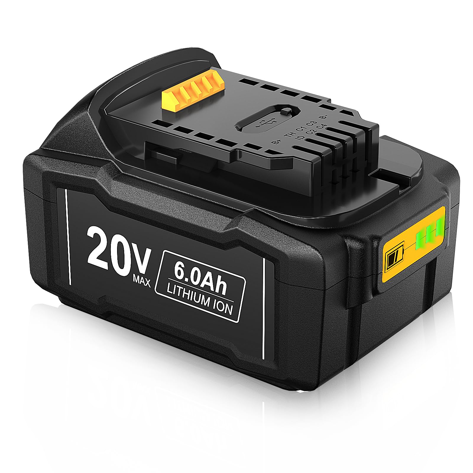 WINUNIK 20V 6.0Ah Battery Replacement for Dewalt 20V Battery DCB200 DCB206 DCB207 DCB204 DCB203 DCB201 DCB200 DCB180 DCD/DCF/DCG/DCS Series 20 Volt Battery with Type-C USB Port